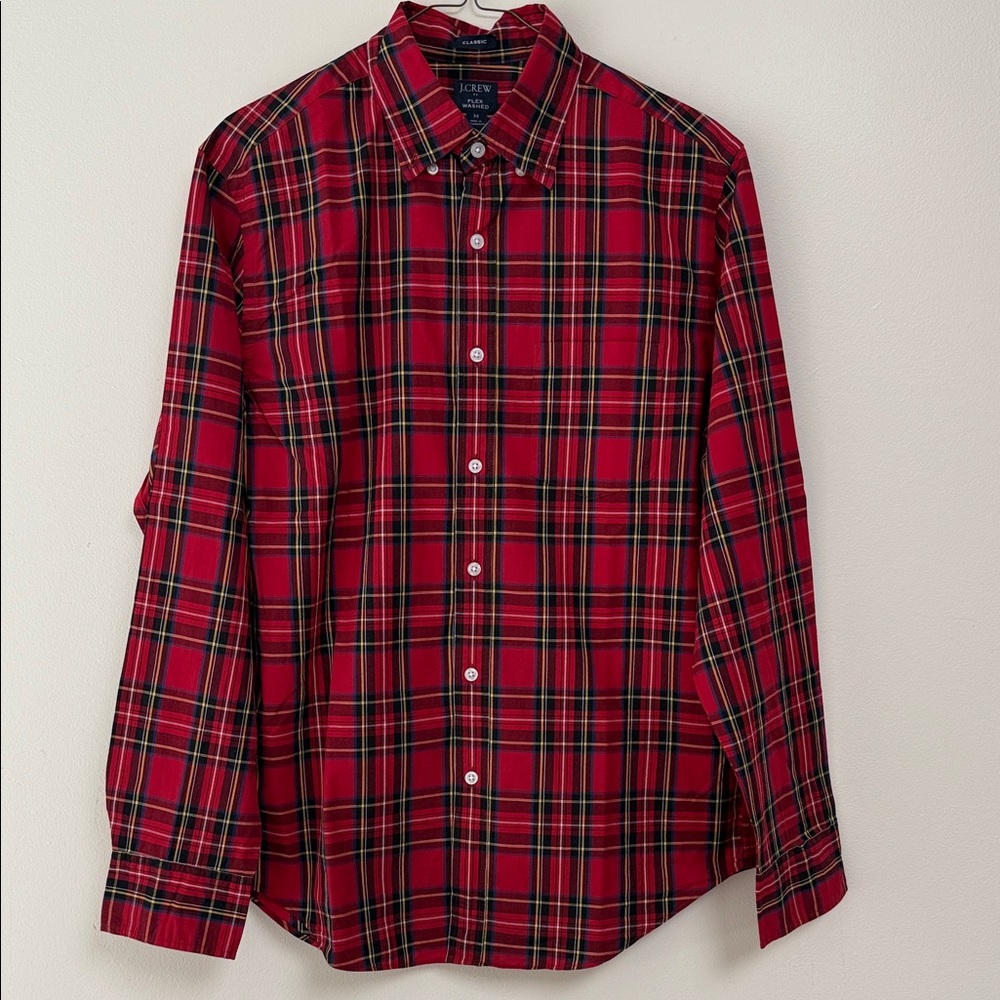 J. Crew Men's Red and Black Plaid Button Down Shirt